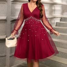 Plus Size Christmas Clothes Carnival Party Dress, Luxurious Burgundy Red Mesh A-Line Dress Adorned With Beaded Embellishments, Suitable For Christmas | SHEIN