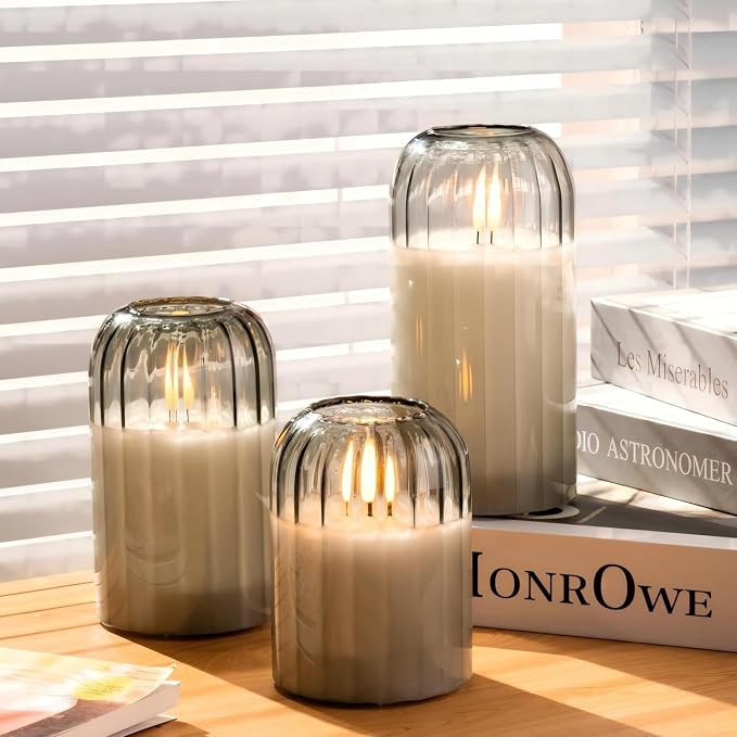 Glass Ribbed Flameless Candles - Battery Candles with Remote Timer, Green Glass LED Candles with ... | Amazon (US)