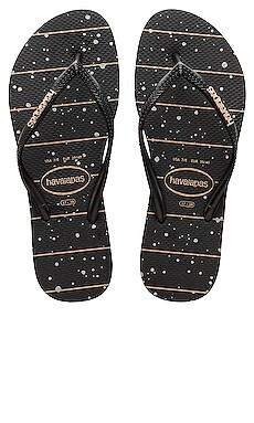 Havaianas Slim Logo Metallic Sandal in Black & Rose Gold from Revolve.com | Revolve Clothing (Global)