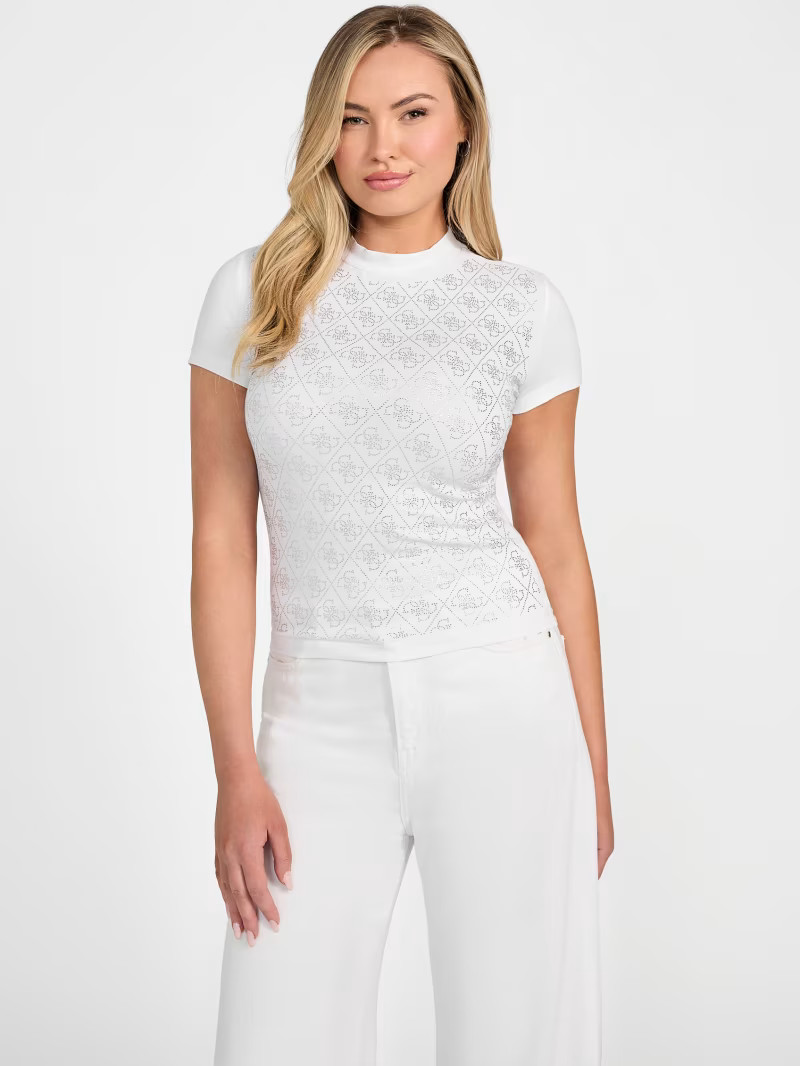 Rhinestone Quattro G Mock-Neck Tee | Guess US | Guess (US)