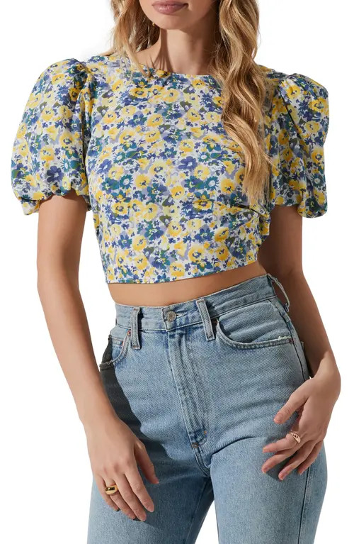 ASTR the Label Tie Back Puff Sleeve Crop Top in Yellow Blue Floral at Nordstrom, Size X-Small | Nordstrom