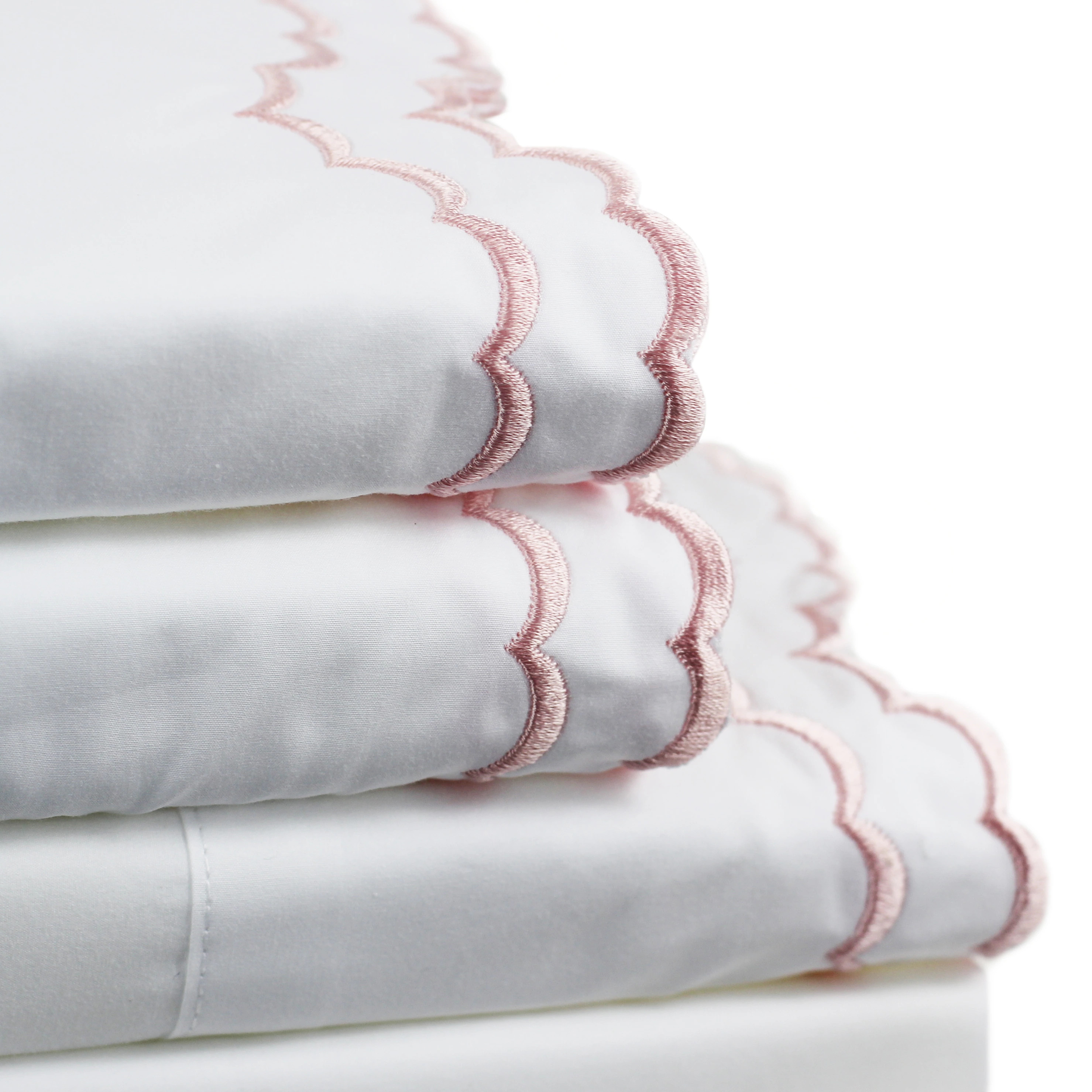 Percale Cotton Double Scalloped Embroidered Crisp Sheet Set - Queen - Rose | Overstock