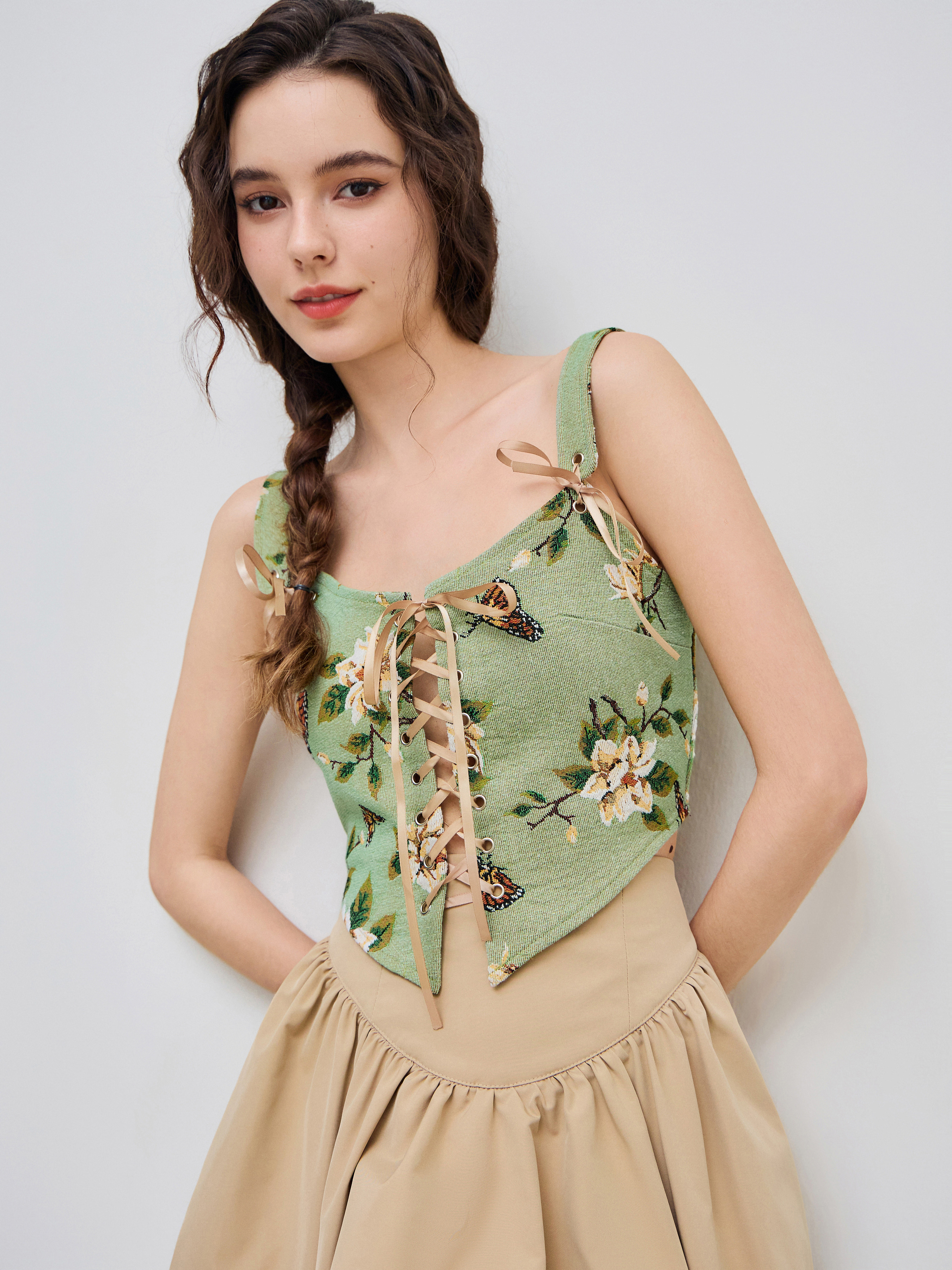Floral & Butterfly Lace Up Crop Tank Top | Cider