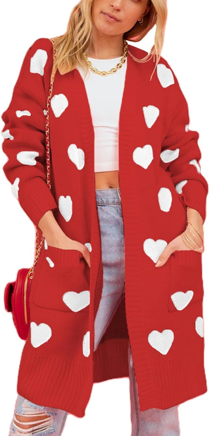 Valentine's Day Womens Cardigan Sweaters Love Heart Print Open Front Cardigans Y2K Button Knitted... | Amazon (US)