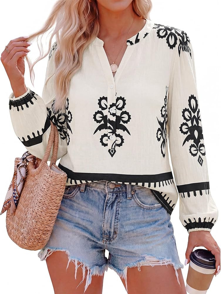 BTFBM Womens Tops Spring Casual Long Sleeve Shirts Button Up V Neck Bohemian Blouses Loose Tunics... | Amazon (US)