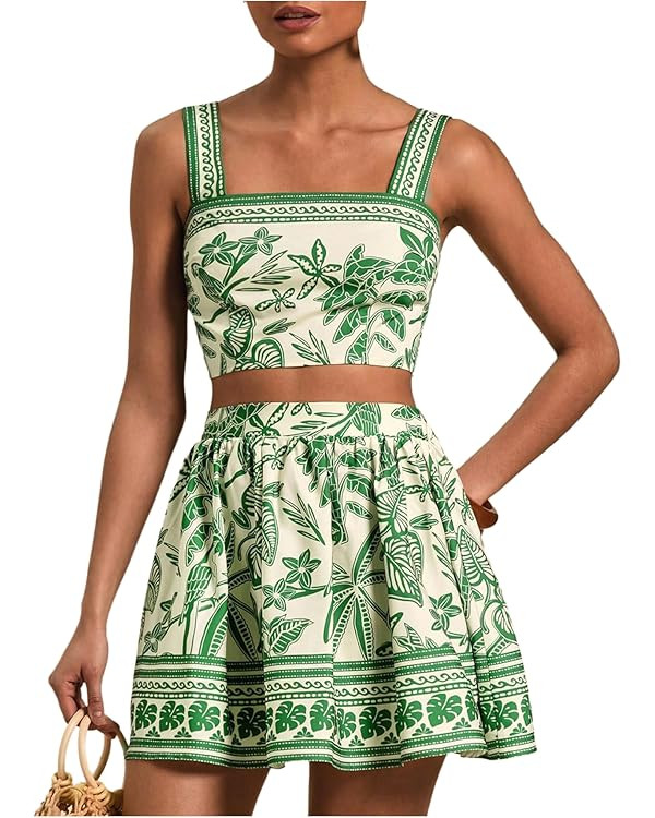Floerns Women's Two Piece Outfit Tropical Crop Cami Top and Summer Skirts Set | Amazon (US)