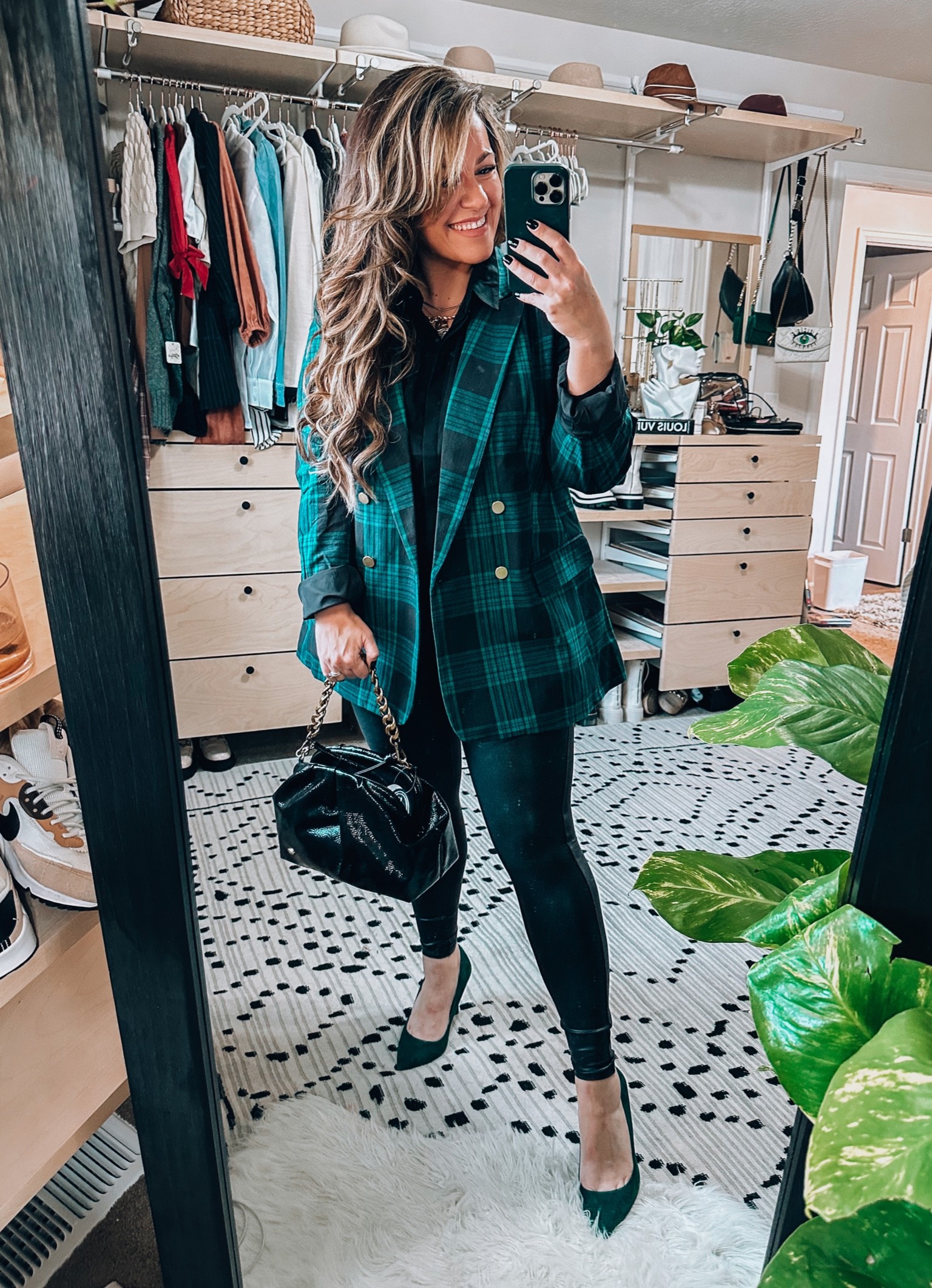 Midsize fall workwear outfit- Spanx faux leather leggings styling- this is perfect for a holiday party too- Christmas party outfit-holiday office outfit 
blazer Walmart  fashion xl- black blouse is an xl - faux leather leggings 1x (size up one so they don’t roll) code: TARYNTRULYXSPANX- green pumps size up a 1/2 size- trendy convertible baguette bag Walmart 

#LTKHoliday #LTKworkwear #LTKcurves