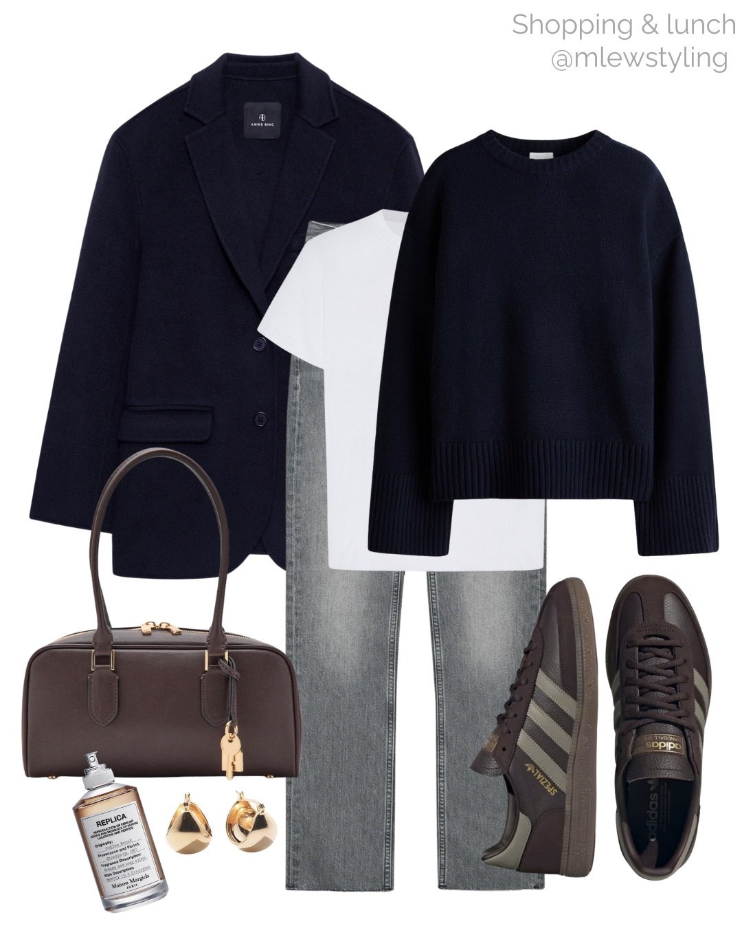 Shopping and lunch outfit 💙

Tags: winter to spring transitional look, anine bing navy blue blazer, cashmere sweater, grey denim jeans, leset white t-shirt, brown adidas sneakers, Sephora replica perfume, quince gold earrings, neutral aesthetic, winter capsule wardrobee

#LTKootd #LTKWorkwear #LTKSeasonal