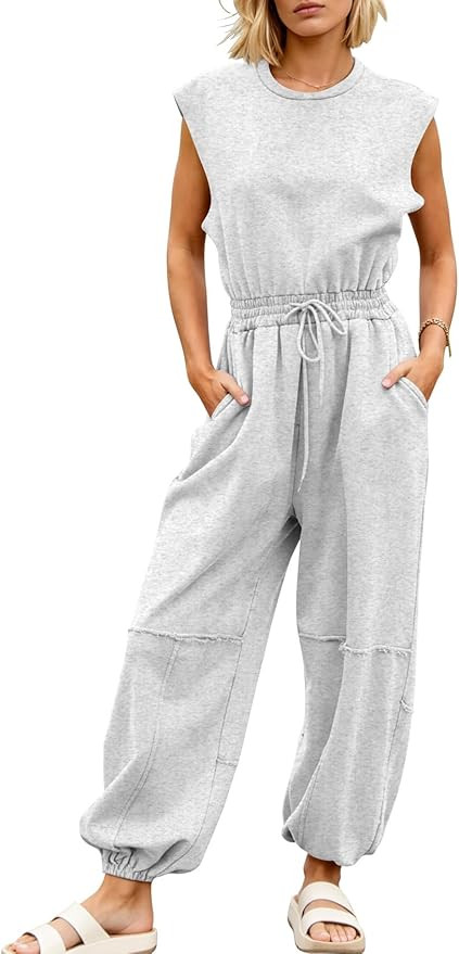 Kissonic Jumpsuits for Women Casual Crewneck Cap Sleeve Drawstring Romper One Piece Outfits with ... | Amazon (US)