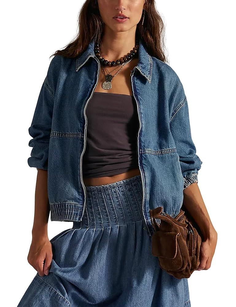 Yeokou Womens Oversized Jean Jacket Zip Up Long Sleeve Casual Denim Coats with Pockets | Amazon (US)