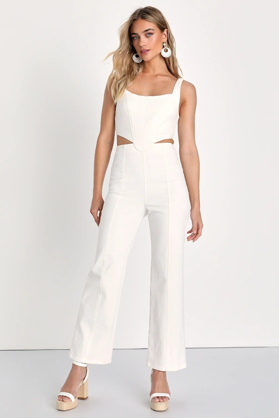 Perfect Icon Ivory Bustier Cutout Straight Leg Denim Jumpsuit | Lulus