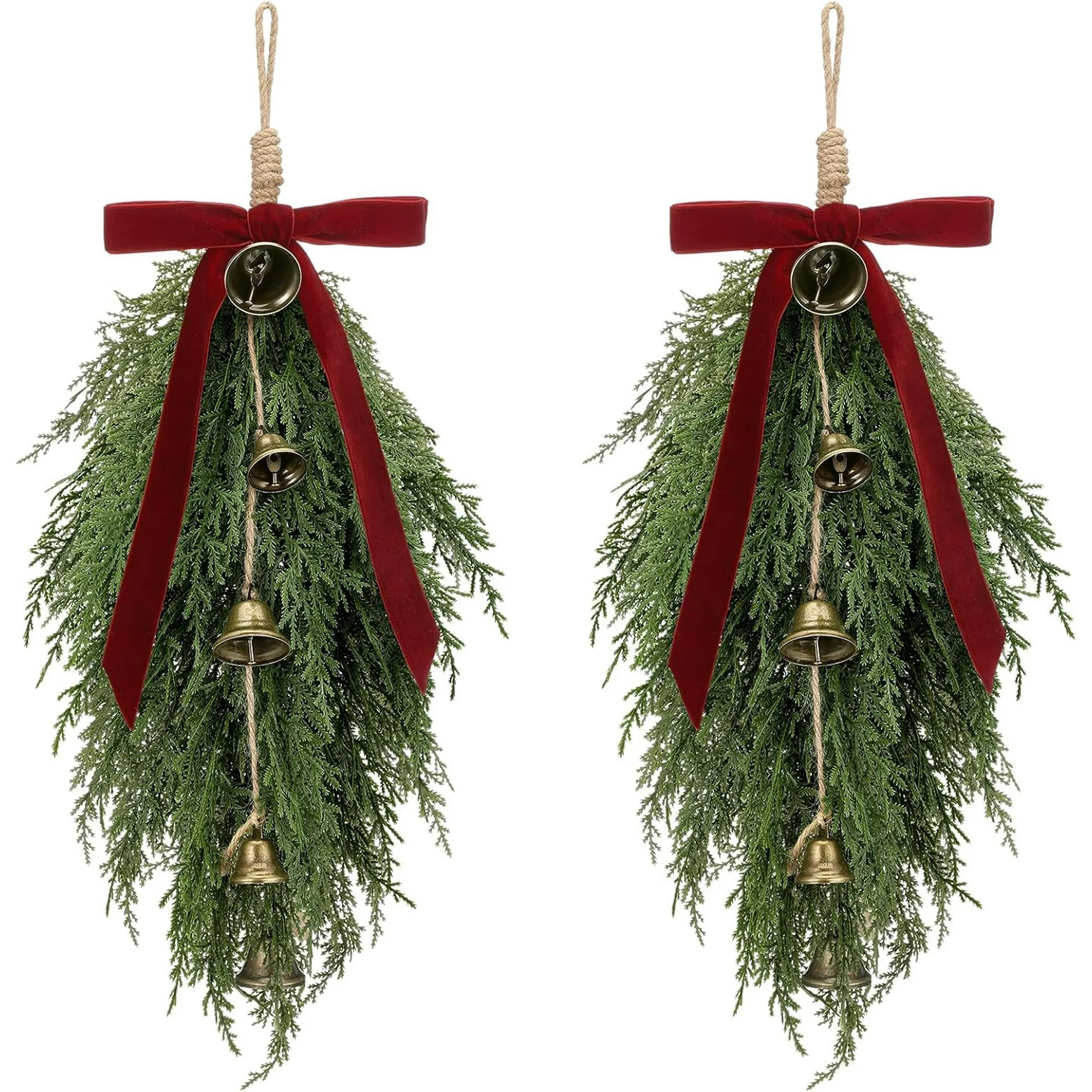 laqbezok 2 Pack Christmas Greenery Cedar Teardrop Swag with Velvet Ribbon Bow and Rustic Vintage ... | Walmart (US)