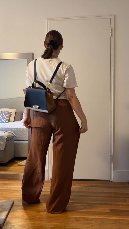 Neutral outfit wide leg pants with white shirt backpack weekend outfit bump friendly 

#LTKbump #LTKstyletip #LTKFind