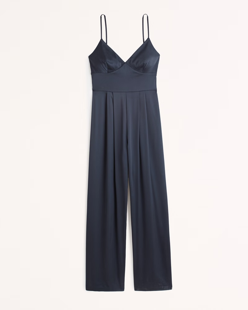 Plunge Satin Jumpsuit | Navy Satin Jumpsuit | Wedding Guest Dress | Spring Outfits | Abercrombie & Fitch (US)