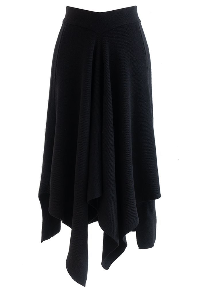 Simplicity Asymmetric Hem Knit Midi Skirt in Black | Chicwish