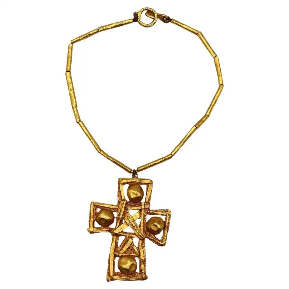CHRISTIAN LACROIX Vintage Massive Gold Tone Cross Pendant Necklace | 1stDibs