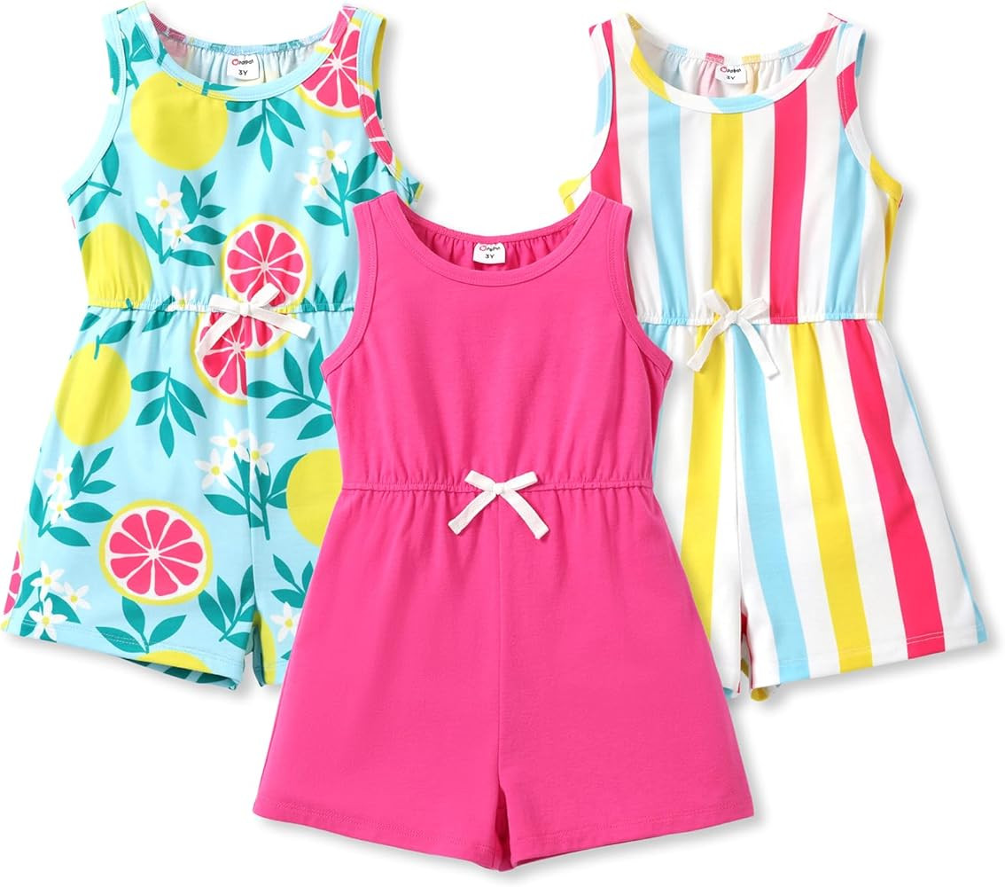 PATPAT Girls 3 Pack Rompers 3-12 Years Floral Summer Rompers Elastic Waist Sleeveless Jumpsuits C... | Amazon (US)