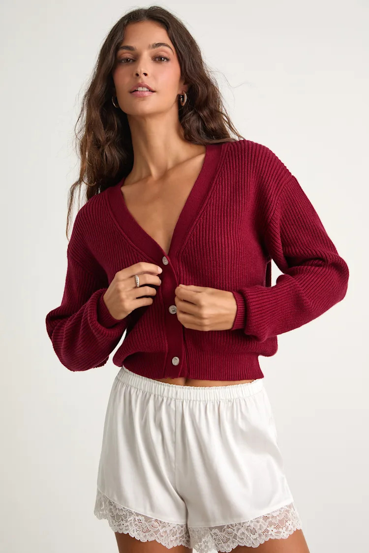 Toasty Babe Wine Red Knit Button-Up Cropped Cardigan | Lulus