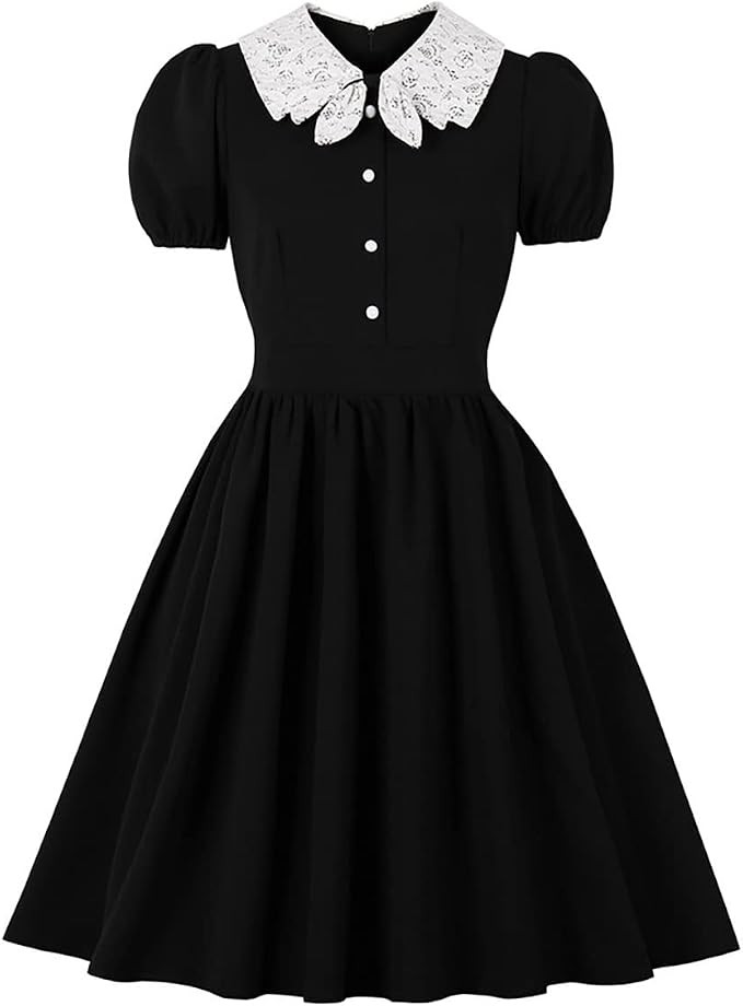 Goth Women's Dress Ruffle Sweetheart Contrast Neck Style Retro Black Dress Gothic A-Line Skirt | Amazon (US)