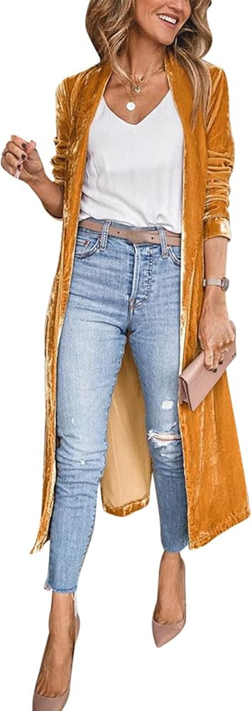 Women's Long Velvet Cardigan Jacket Lapel Collar Open Front Vintage Cardigan Sweater with Pocket | Amazon (US)
