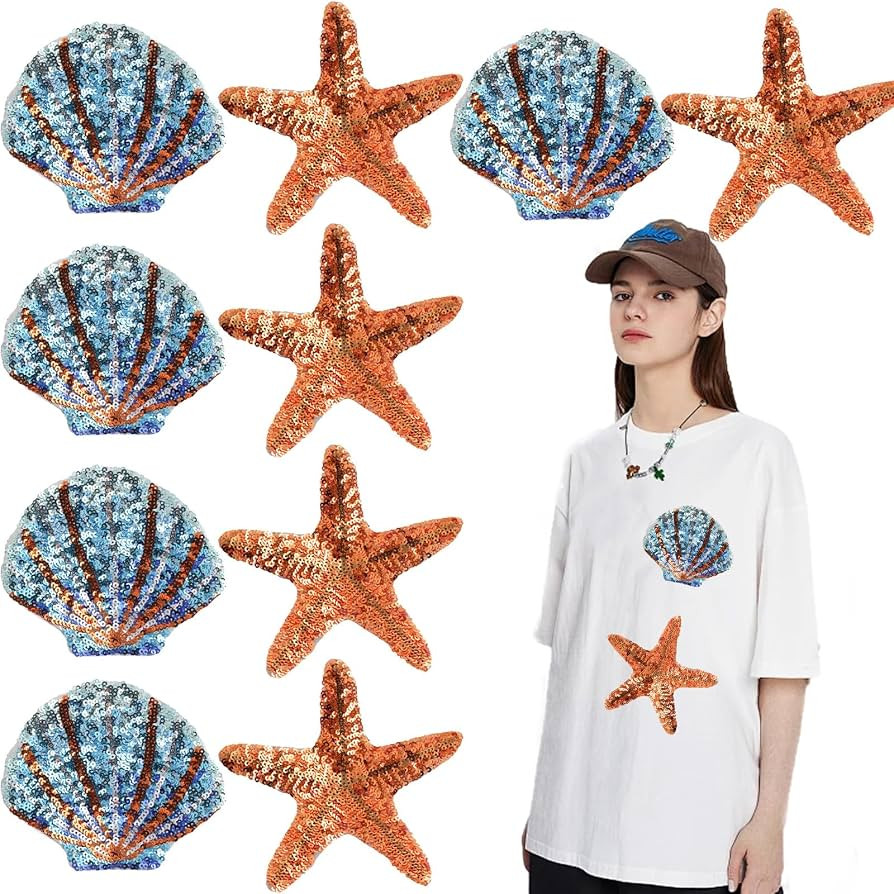 10 PCS Ocean Sequin Iron on Patches Cute Cartoon Starfish Shell Applique Shiny Embroidery Patch f... | Amazon (US)