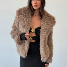 New Elegant Long Fluffy Collar Design Casual Jacket, Warm Grey Fur Coat For Women Formal Occasions, Date, Travel | SHEIN