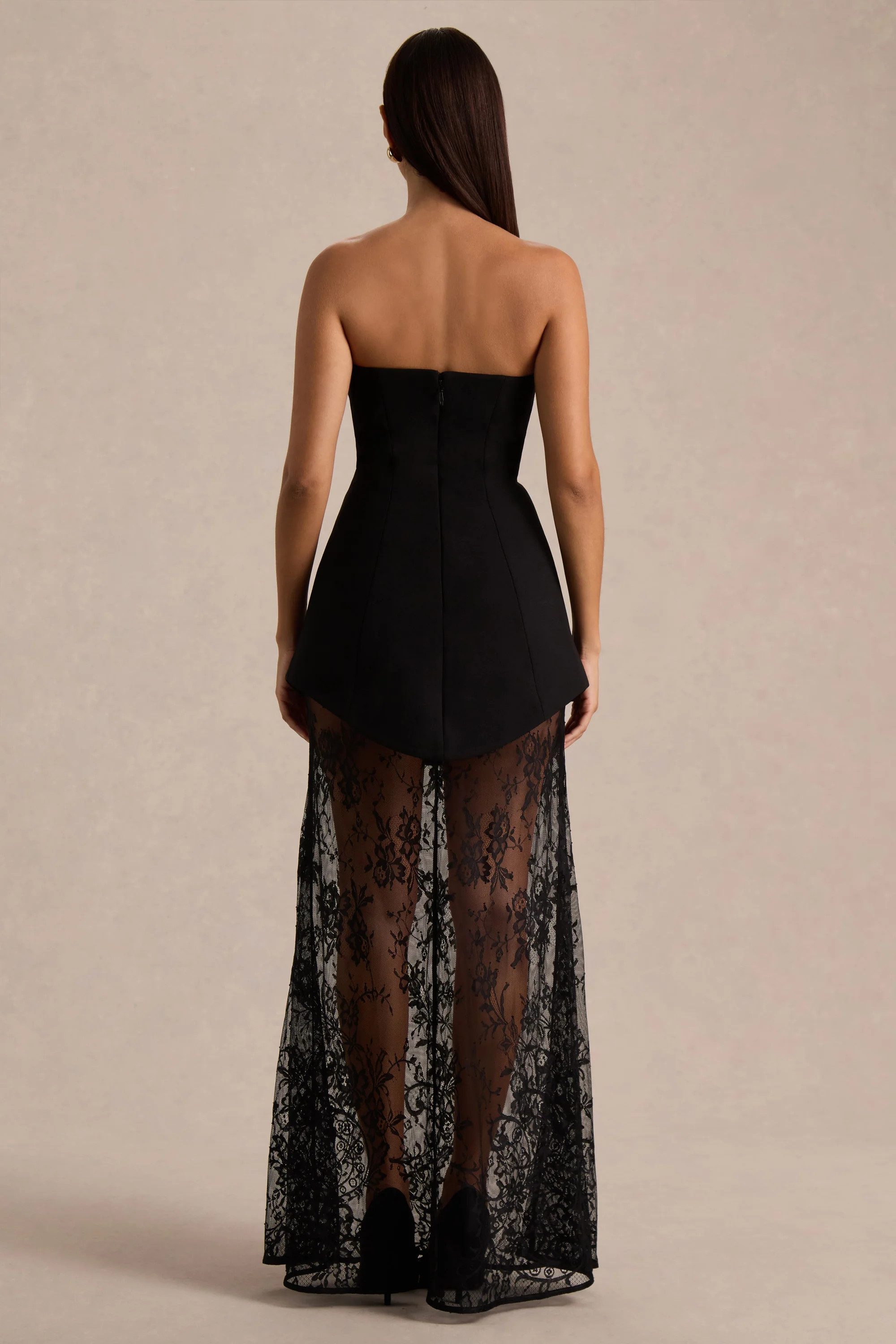 Brandi | Black Bandeau Maxi Dress With Lace Skirt | Club L London