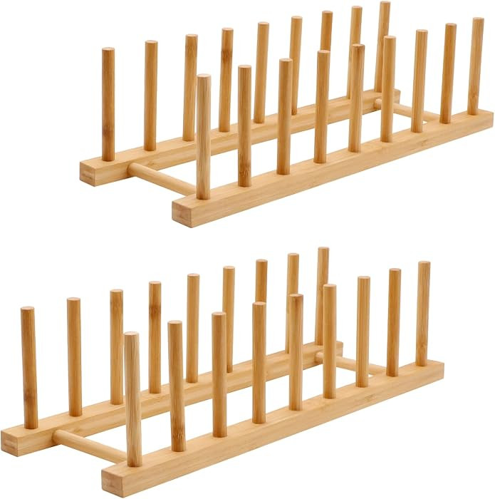 2PC Bamboo Wooden Dish Drying Rack, 8-Slot Plate Rack Cabinet Dish Stand Organizer for Kitchen Co... | Amazon (US)