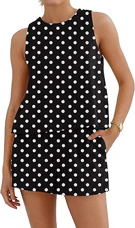 Ythomm Womens Polka Dot Two Piece Lounge Sets Summer Sleeveless Tops Drawstring Linen Shorts Matc... | Amazon (US)