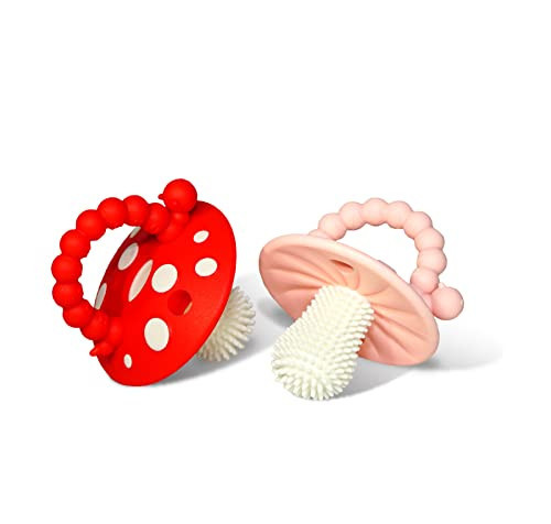 RaZbaby Soft Silicone Infant & Baby 3M+ Teether Toy Massaging Bristles Teething Relief Pacifier - Soothes Sore Gums - Hands-Free & Easy-to-Hold Chompy Teether, BPA Free (RED/Pink) | Amazon (US)