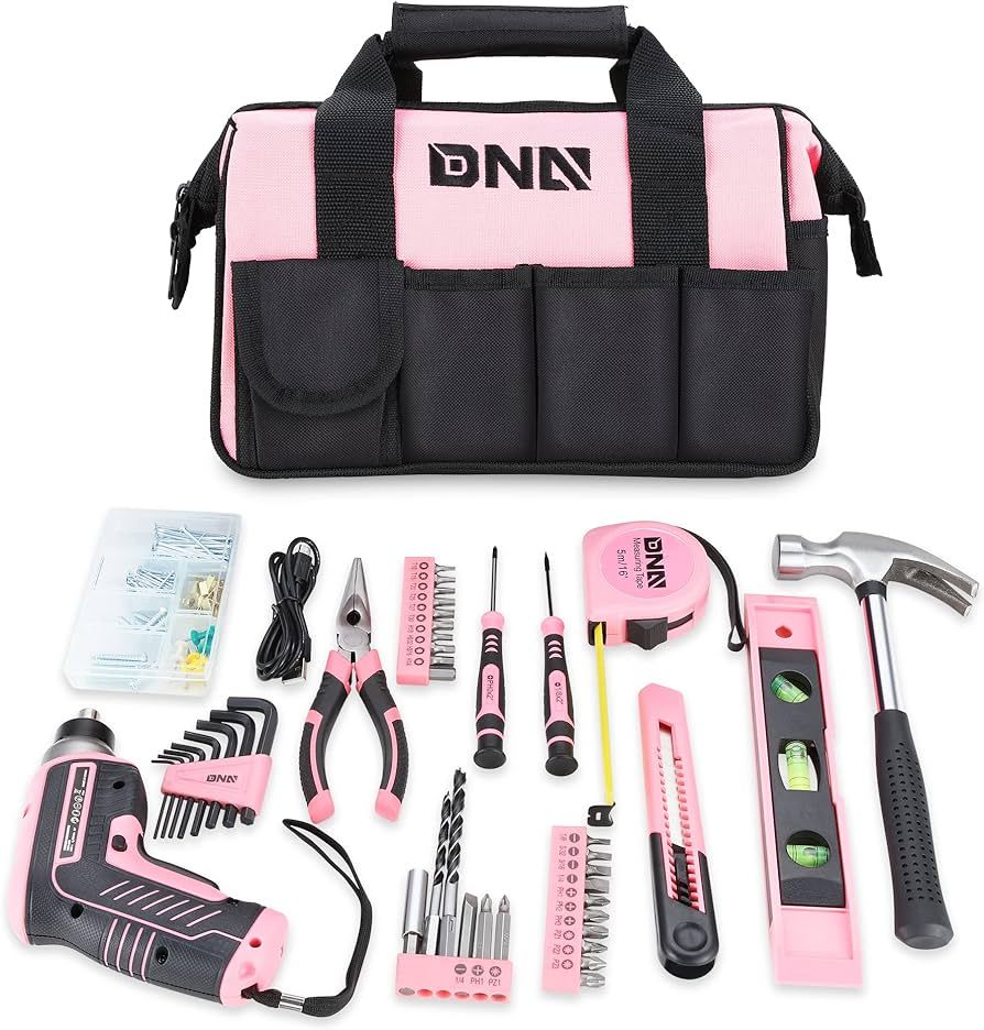 DNA MOTORING 44-Piece Pink Tool Set - Cordless Screwdriver and Household Tool Kit with Canvas Sto... | Amazon (US)