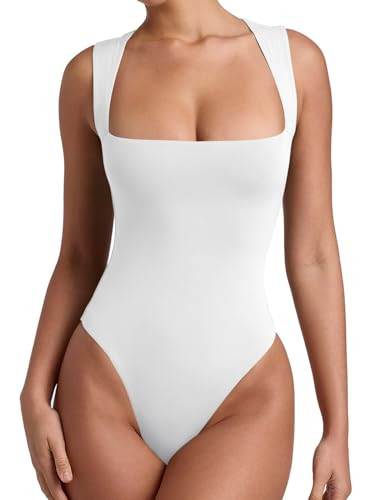 REORIA Butsmooth\u00ae Women\u2019s Sexy Sleeveless Square Neck Double Lined Basic Bodysuit Tank ... | Amazon (US)