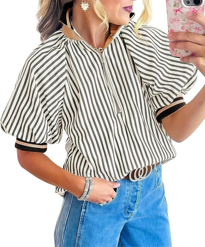Womens Striped Puff Sleeve Blouse Half Zip Loose Color Block Ribbed Knit Collared Top | Amazon (US)