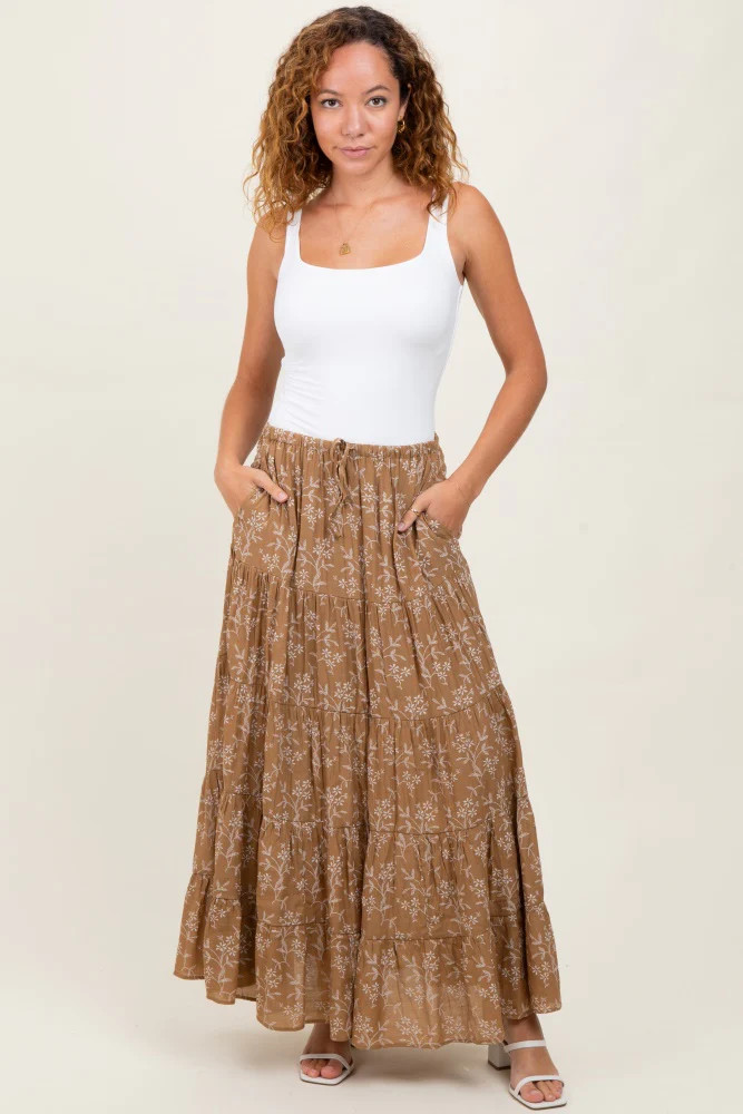 Camel Floral Drawstring Tiered Maxi Skirt | PinkBlush Maternity
