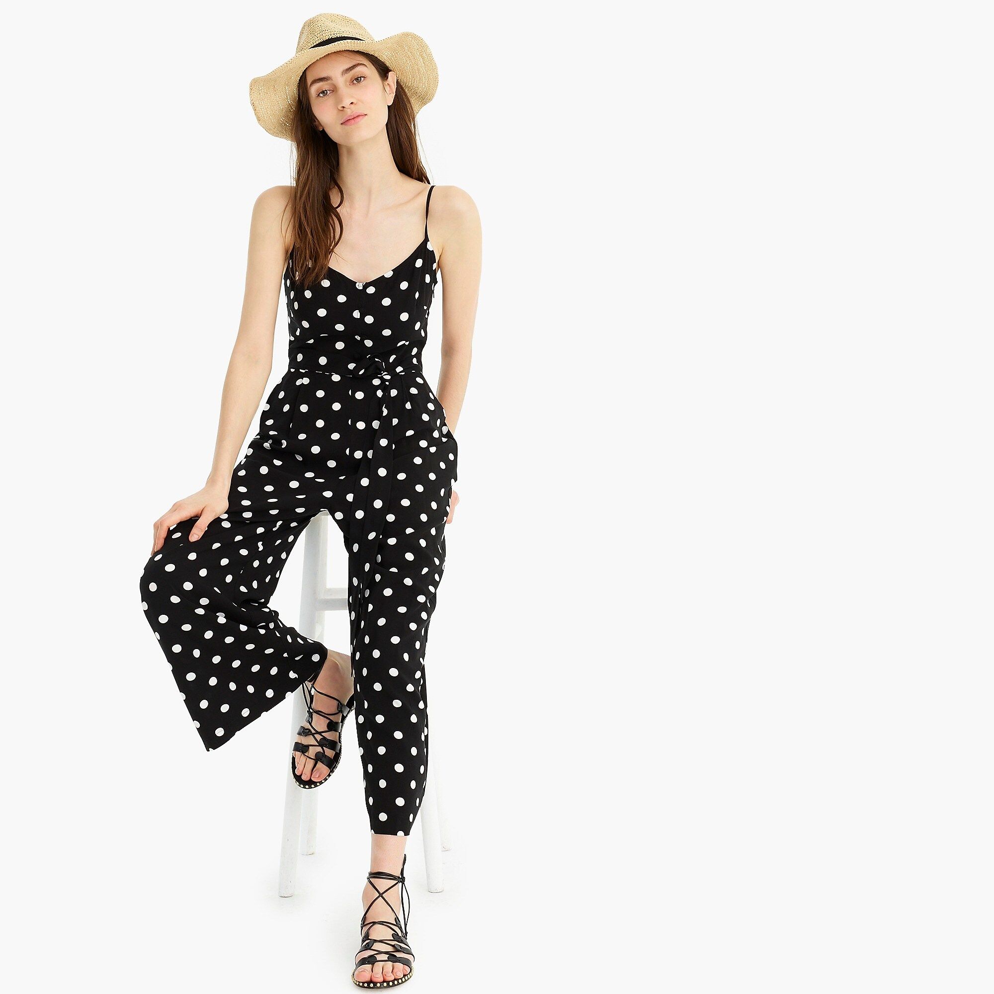Strappy soft rayon wide-leg jumpsuit in polka dot | J.Crew US