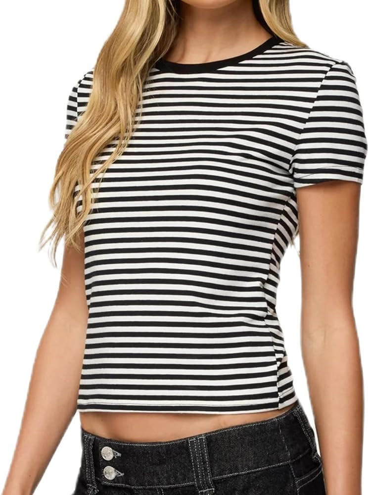 Y2K Striped Babytee for Women Short Sleeve Crew Neck Fitted Crop Tops Teen Girls Preppy Tees Summ... | Amazon (US)