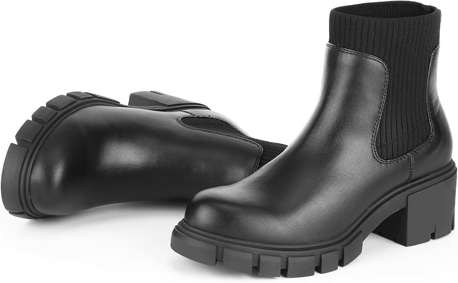 FITORY Women's Ankle Boots Comfy Chelsea Mid Heel Elastic Chunky Heel Lug Sole Booties Size 6-11 | Amazon (US)
