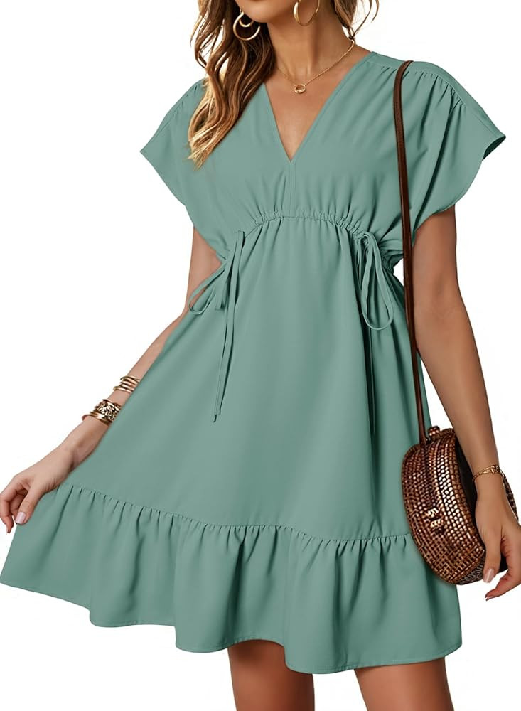 Dokotoo Womens Dresses Short Sleeve V Neck Drawstring Casual Ruffle A-Line Swing Mini Babydoll Dr... | Amazon (US)