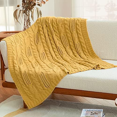 Amélie Home Cable Knit Decorative Yellow Throw Blankets for Couch, Soft Cozy and Lightweight, 50'' x | Amazon (US)