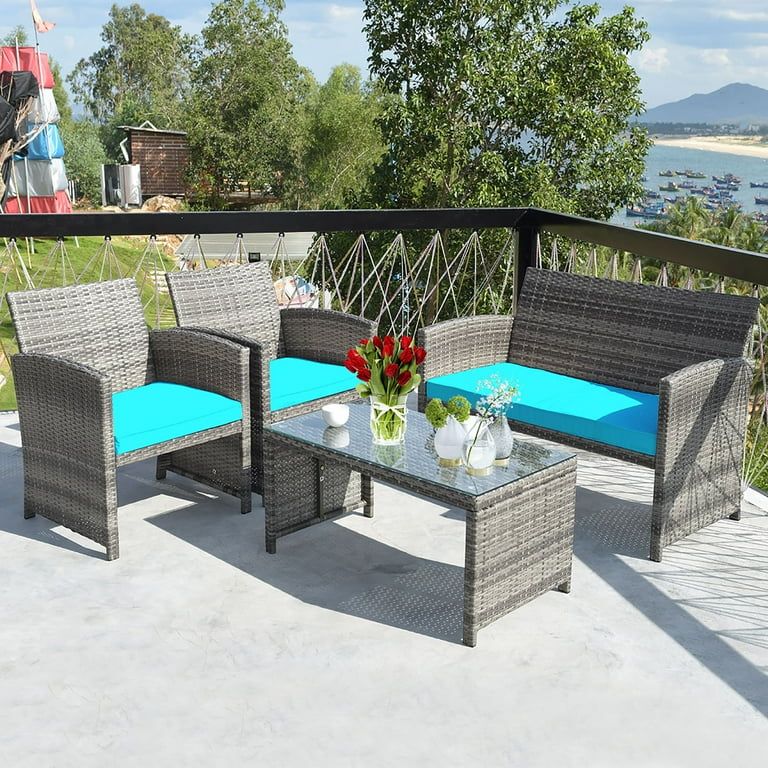 Costway 4PCS Patio Rattan Furniture Set Conversation Glass Table Top Cushioned Sofa Outdoor Turqu... | Walmart (US)