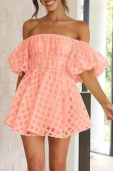 PRETTYGARDEN Women's Off The Shoulder Babydoll Dress Short Puff Sleeve Casual A Line Ruffle Summe... | Amazon (US)