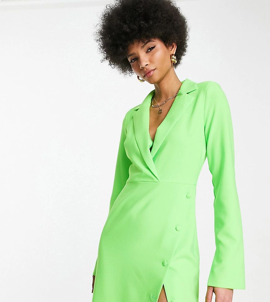 ASOS DESIGN Tall button split skirt blazer mini dress in neon green | ASOS (Global)