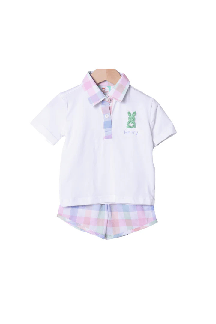 French Knot Peeps Buffalo Check Polo Short Set | The Smocked Flamingo