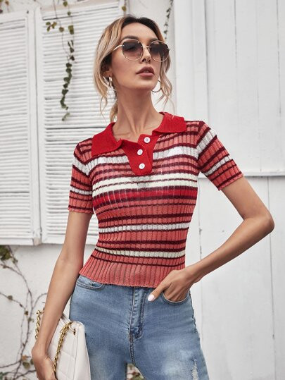 Half Button Striped Rib-knit Top | SHEIN
