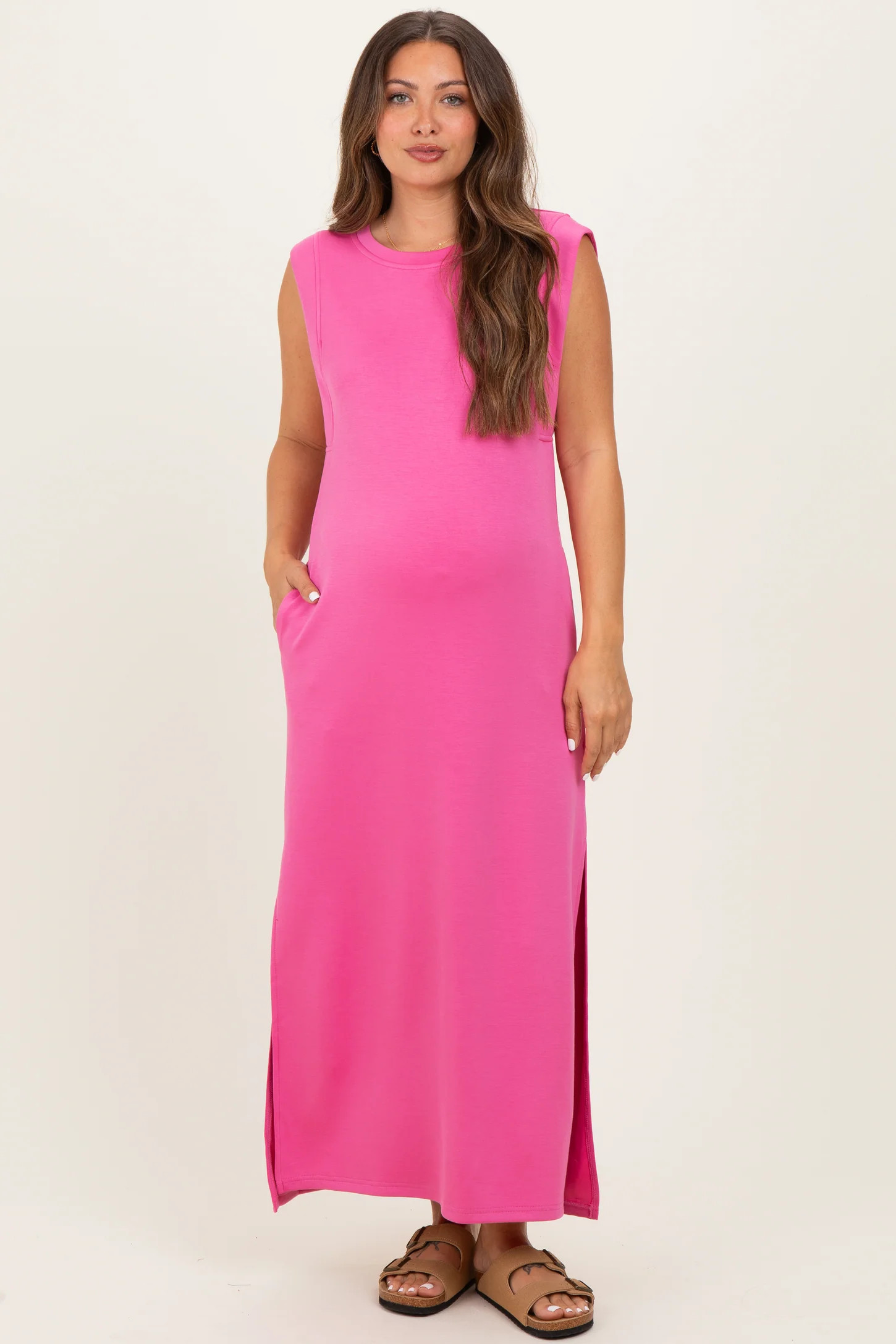 Pink Sleeveless Side Slit Maternity Midi Dress | PinkBlush Maternity