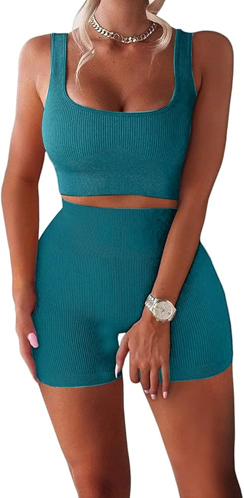 TWFRHC Women's Workout Sets Ribbed Tank 2 Piece Seamless High Waist Gym Outfit Yoga Shorts Sets | Amazon (US)