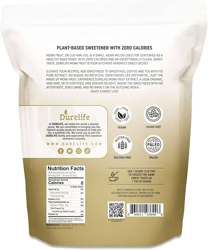 Durelife Organic 100% Pure Monk Fruit sweetener, No Erythritol, Monkfruit Extract Powder, USDA or... | Amazon (US)