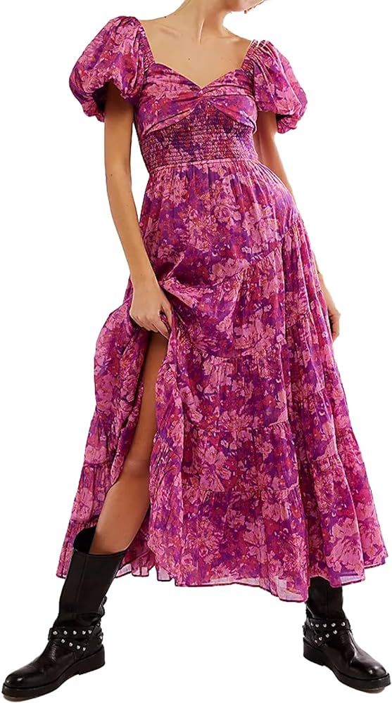 Women Floral Maxi Dress Short Puff Sleeve V Neck Bohemian Flowy Dress Smocked Casual Spring Summe... | Amazon (US)