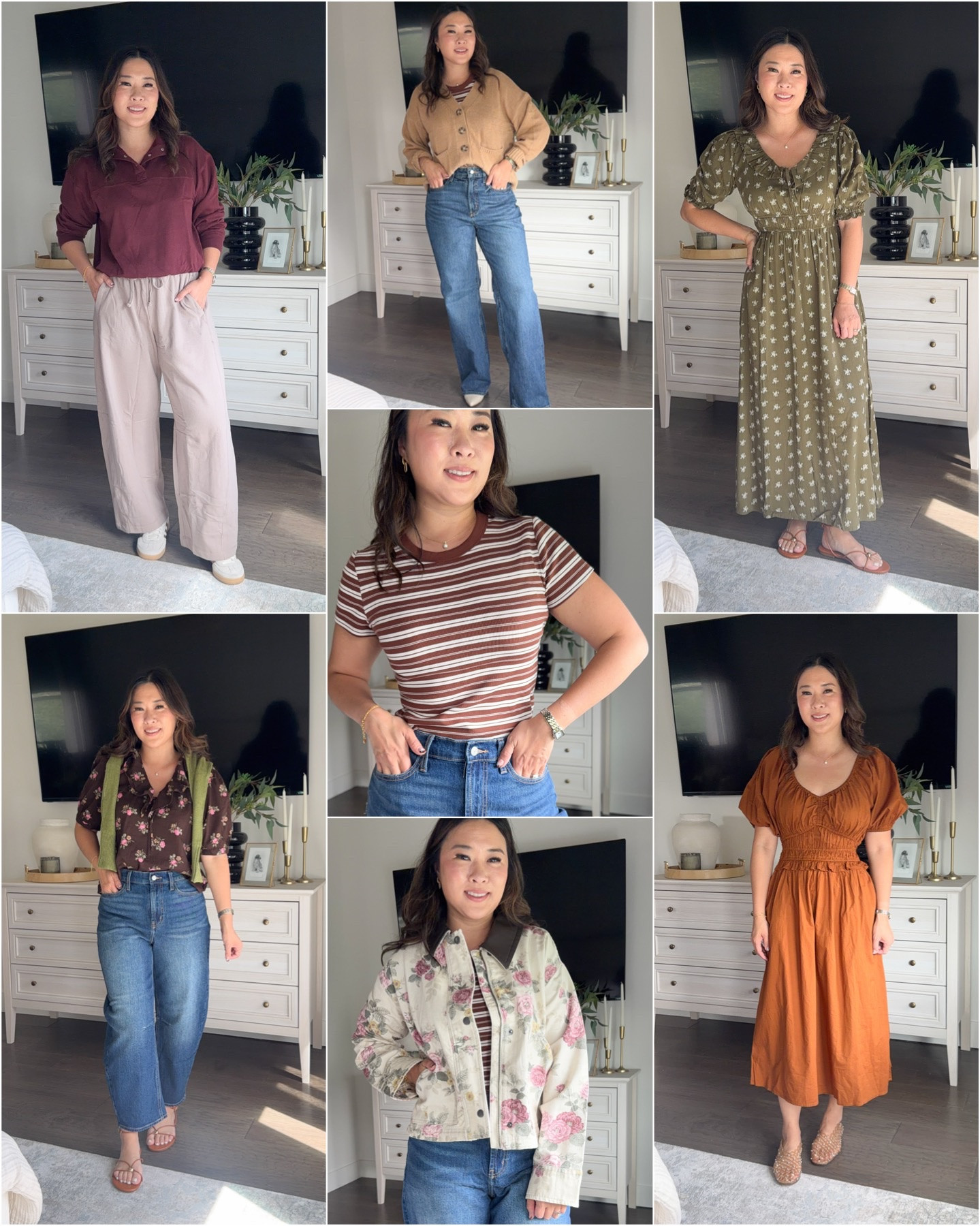 Old navy Fall outfits 

Burgundy Sweatshirt: Medium
Barrel Sweats: Medium
Floral Ruffle Top: Medium
Green Cardigan: Medium
Barrel Denim: 6
Tan Cardigan: Medium
Snug Stripe Tee: Medium
Floral Barn Jacket: Medium
Dresses: Small

#LTKootd #LTKSeasonal #LTKOver40