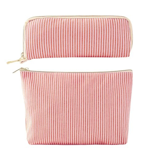 FANGENKE 2Pcs Stripe Makeup Bag Set,Cute Cosmetic Bag,Aesthetic Canvas Make up Bag Travel Toiletry Bag Ladies Zipper Pouch for Women Girls,for Travel,School,Teen Girl Gifts Trendy Stuff (stripe red) | Amazon (US)